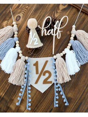 Half Birthday Tassel Banner and Cake Topper - Neutral Blue & Beige